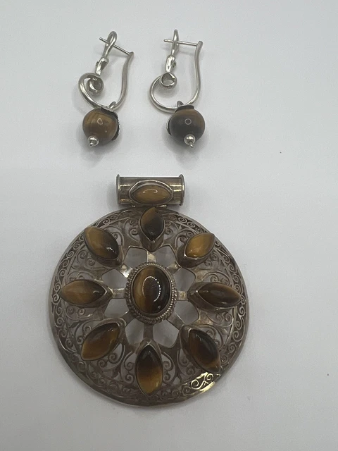 Estate Sterling Silver Natural Tigers Eye Pendant With Matching Earrings
