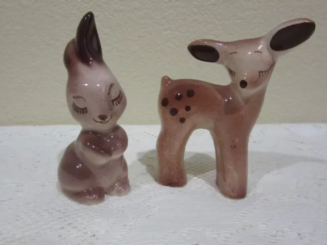 VTG 40's California Pottery Robert Simmons? Rabbit & Deer Figurines Brown Finish