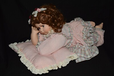 Vintage Brunette Porcelain Doll With Pink Outfit & Pillow