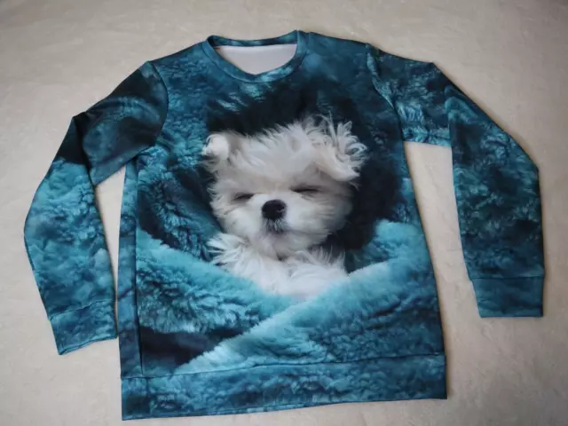 Dog Puppy AOP Crewneck Sweater Sz S Spandex/Poly Sweatshirt Maltese / Shih Tzu