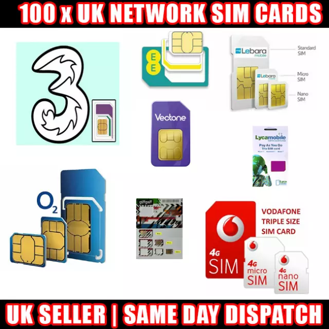 100 x UK Network Sim Cards O2 EE Vodafone Three Lyca Lebara Giffgaff Bulk lot