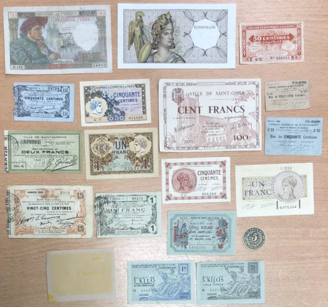 19 billets Banque de France, nécessité, colonies, billets-matière