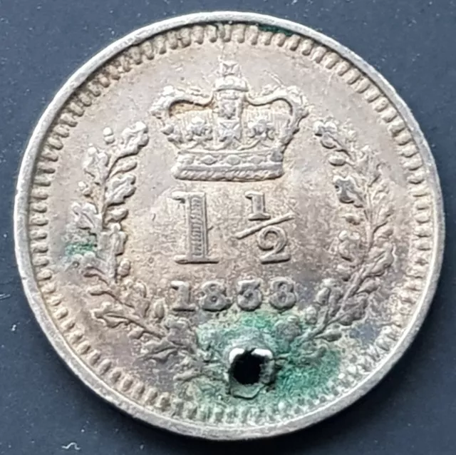1838 Victoria One & A Half Penny 1 1/2 Silver Coin