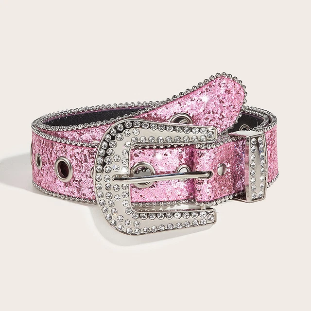 Shiny Rhinestone Belt PU Leather Crystal Diamond Bling Waist Belt Solid Color