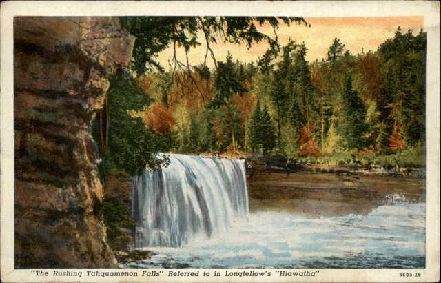 Michigan Rushing Tahquamenon Falls Longfellow's Hiawatha ~ 1940 linen  sku477