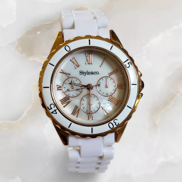 Style & Co Rose Gold Tone Mother of Pearl Dial White Ceramic Bracelet Band Watch