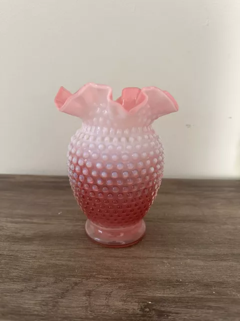 Vintage Fenton Cranberry Pink Opalescent Hobnail  Glass Vase Ruffled Edges 6”T