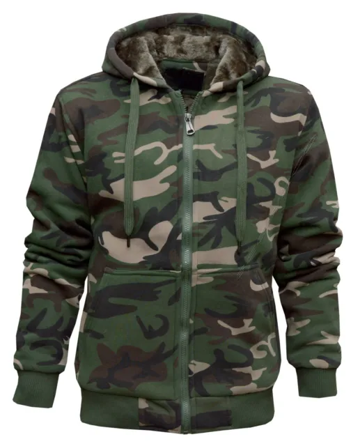 Mens Army Fur Lined Military Camo Camouflage Zip Hoodie Hooded Jacket Top M-XXXL