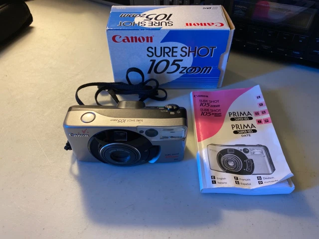 Cannon Sure Shot 105 Zoom Point & Scoot Film Camera With Box Manuel Powers On