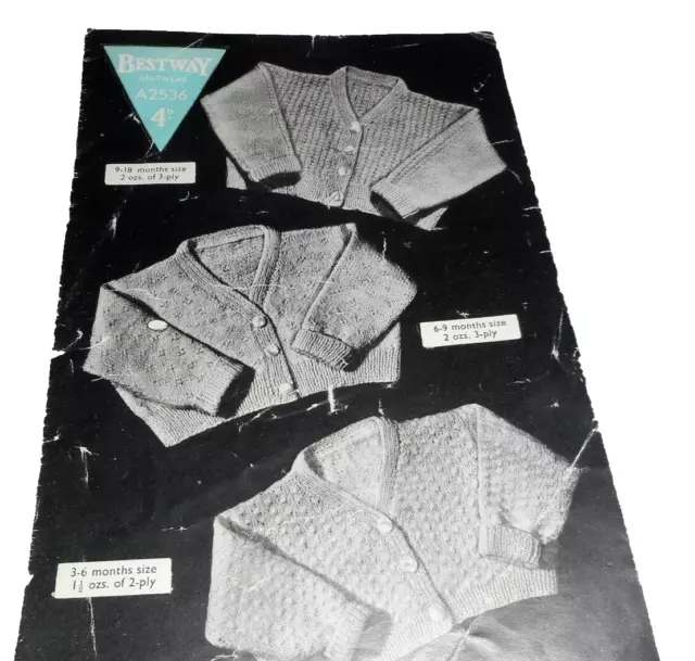 Original Vintage Knitting Pattern Babys Cardigans Bestway A2536 Age 3 - 9 Months