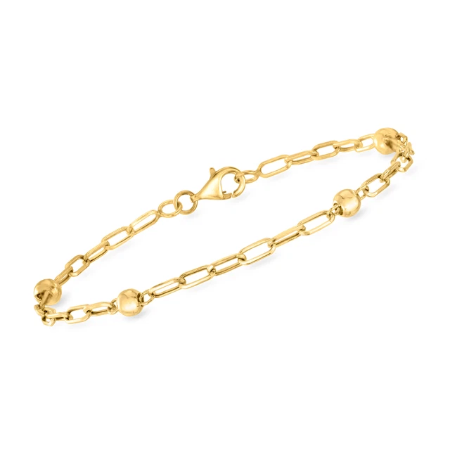 Ross-Simons 18kt Yellow Gold Bead Station Paper Clip Link Bracelet. 8 inches
