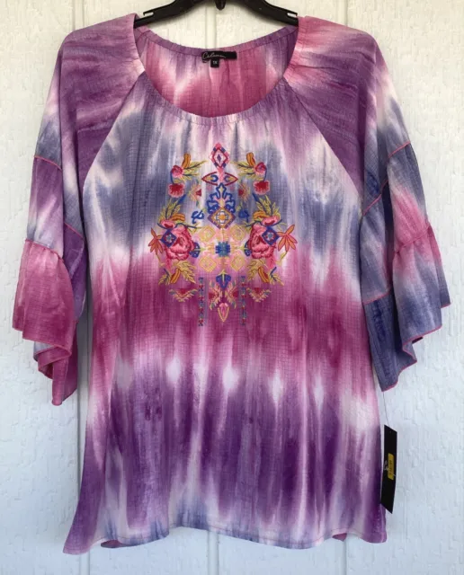 NWT CALESSA 1X Embroidered Fuschia Floral Print Tie Dye  Gauzy Tunic