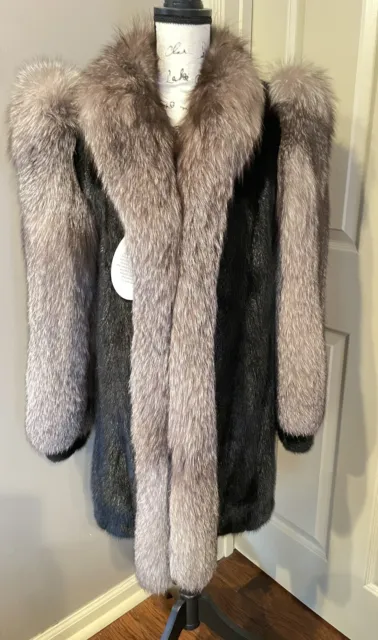 ALASKAN COUTURE JET Black Mink and Silver Fox FUR Jacket Coat ~ M $300. ...