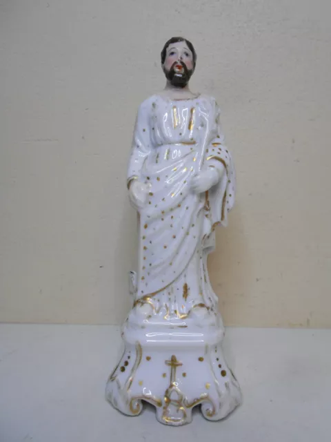 Ancienne Statue Porcelaine De Paris Dorée Saint Joseph Charpentier A La Hache