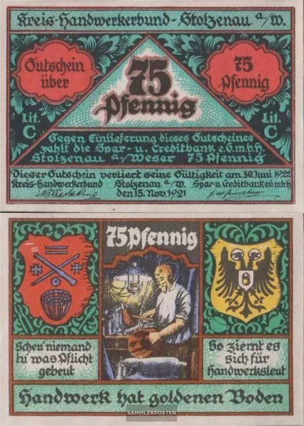 Stolzenau Notgeld: 1277.1 75 Pf 3. Kupferschmied Notgeld Stolzenau a. d. Weser b