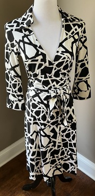 Diane Von Furstenberg Vintage Justin Black & Cream Wrap Dress, 3/4 Sleeves, SZ 6