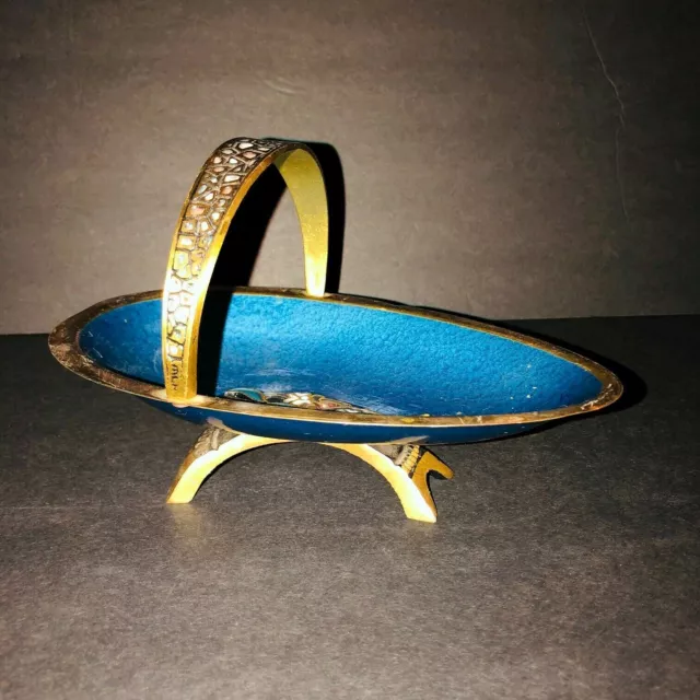 Brass and  blue enamel dish, footed w/handle, Israel Hakuli, Vtg 1950's