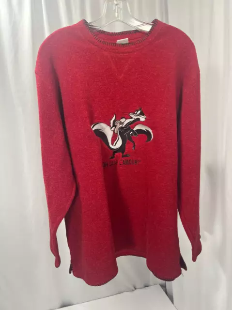 Vintage Y2K Warner Bros. Studio Looney Tunes Pepe Le Pew Fleece Red Sweater XXL