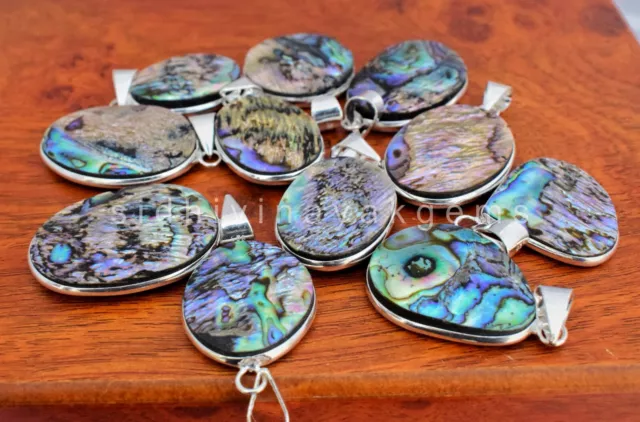 Trending 10 Pcs. Lot Abalone Shell Gemstone 925 Silver Plated Bezel Pendants J-6