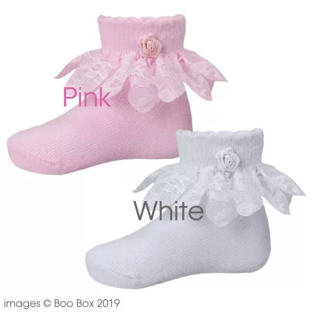 Baby Girls Pink White Rose Frilly Ankle Socks Christening Party Cotton 0-18M