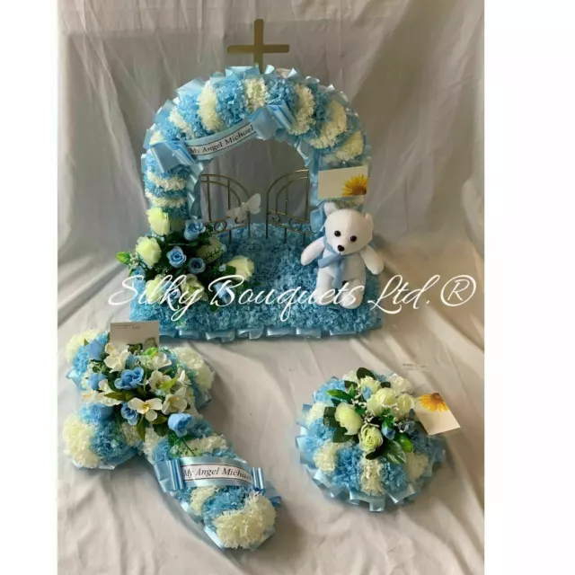 Baby Funeral Flower Tribute Package Artificial Silk Wreath Gates of Heaven Blue