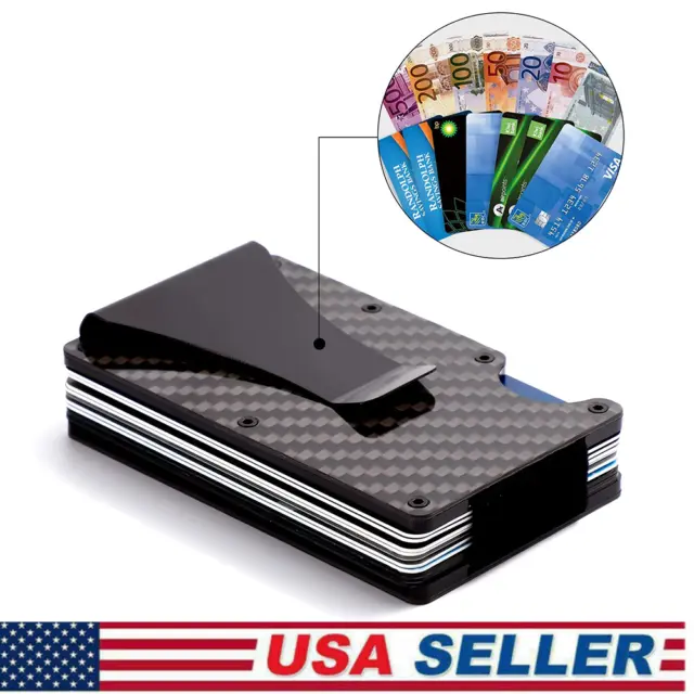 Mens Carbon Fiber RFID Blocking Clip Wallet Metal Money Slim Credit Card Holder