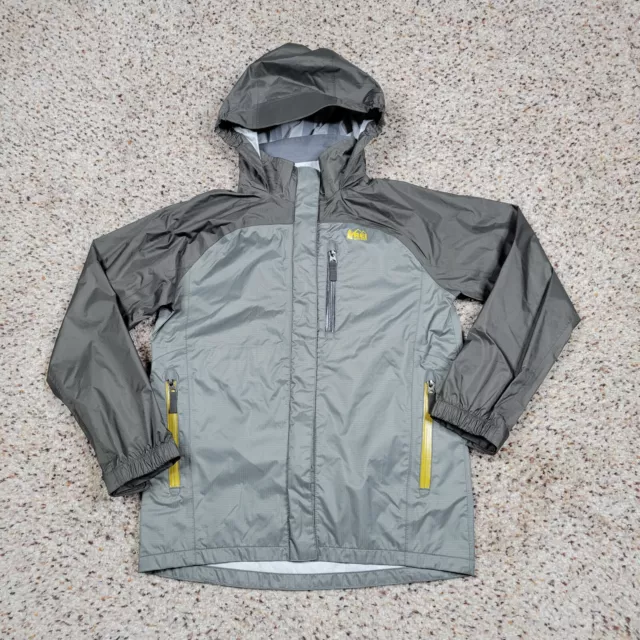 REI Jacket Boys Medium 10-12 Gray Green Windbreaker Hooded Rain Coat Youth Kids