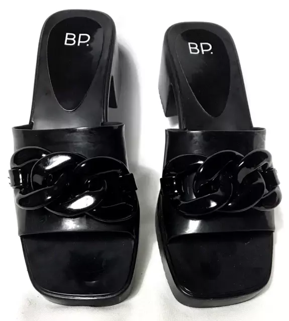 BP Black Platform Shoe Size 7 Slip On Sandal Chunky Chain 2" Heel Womens