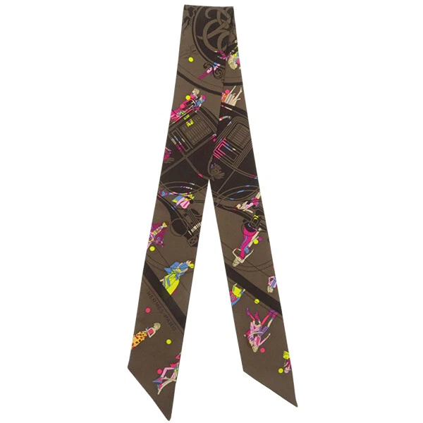 Hermes Twilly Scarf Silk Ex-Libris Les Parisienne Box Brown 22M Women 33.5x2inch