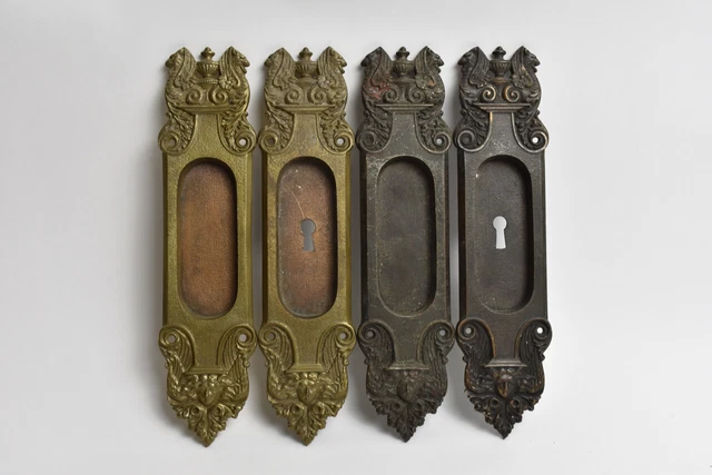 Figural Set 4 Cast Brass Bronze Alonzo Pocket Door Plates 2 Pairs Griffin Face
