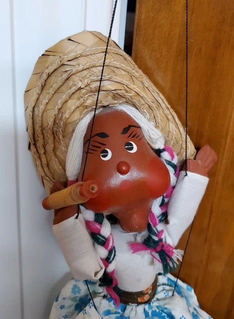 Vtg. Marionette String Puppet Mexican/Jamaican Woman Sombrero Rolling pen RARE