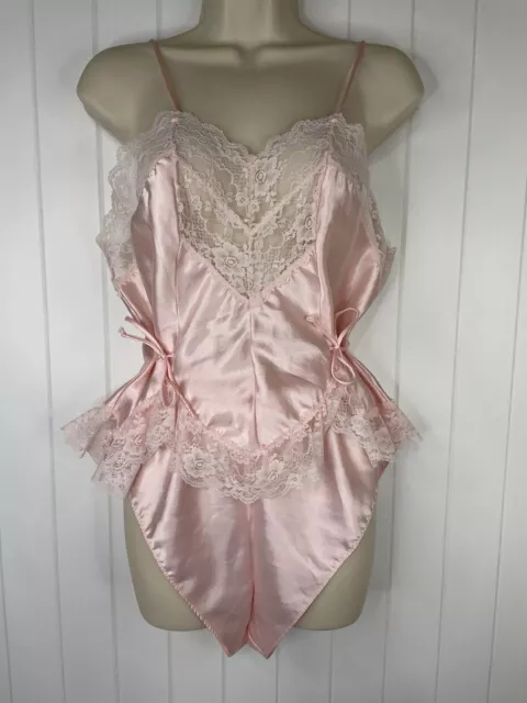 Vtg 2 Piece Alana Gale Satin Nylon Teddy & French Cut Panty Set Lace Pink Medium