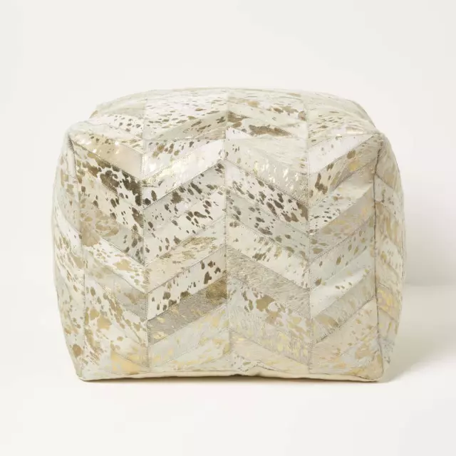 Borsa a tracolla cubo pouffe in vera pelle fatta a mano con motivo Chevron, oro e grigio