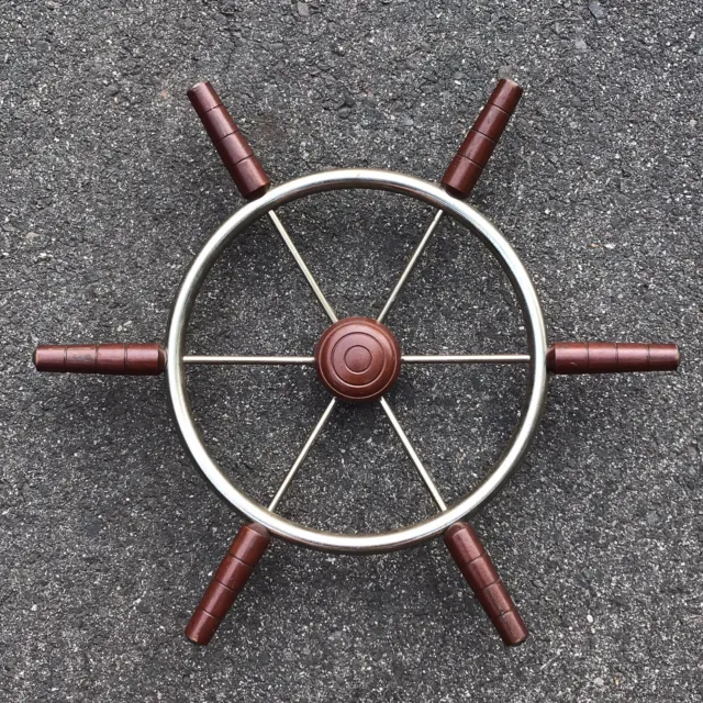 Vintage 6 Spoke Boat Steering Wheel 22” Diameter Wood/Metal