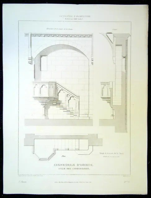 Ancienne Gravure d'Architecture Cathédrale d'Amiens détails de la travée