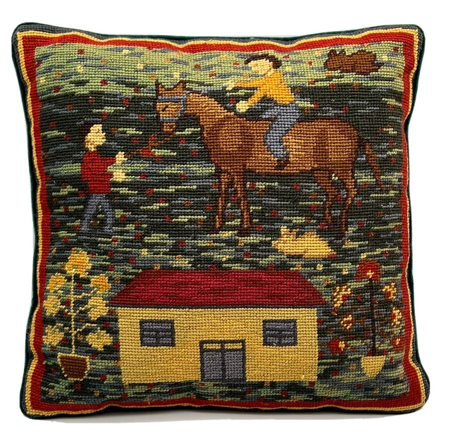 "Almohada de punto de cruz con punta de aguja jinete primitivo colonial rústico folk 14"