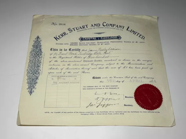 Antique (1924) Kerr Stuart & Co Ltd Share Certificate Railway Locomotive Builder