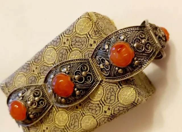 Antique Chinese Export Carved Carnelian Buddha Sterling Bracelet 2