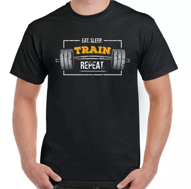 Gym T-Shirt Eat Sleep Train Repeat Mens Funny Training Top Bodybuilding MMA UFC