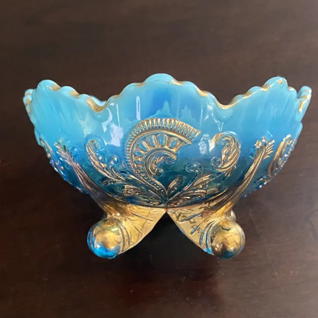 Northwood/Dugan Blue Opalescent Gold Footed Bowl/Dish Inverted Fan & Feather