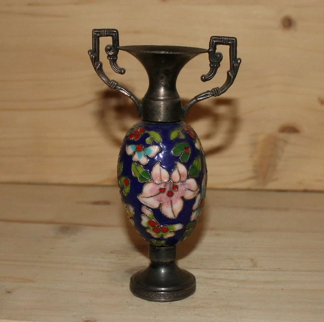 Très Joli Petit Vase Ancien Vintage En Argent Massif Émail