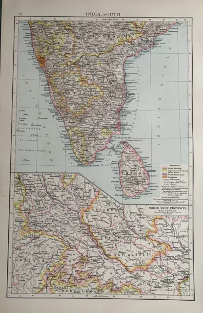 1896 South India, Ceylon & Northwest Provinces Antique Map 125 Years Old