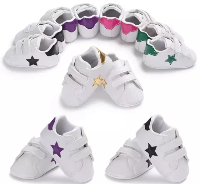 Newborn Baby Boy Girl Star Pre Walker Soft Sole White Pram Shoes Sneakers 0-18 M