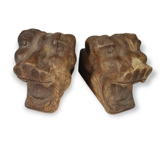Pair of Antique French Finely Carved Wood Lion Heads Salvaged Trim Damaged