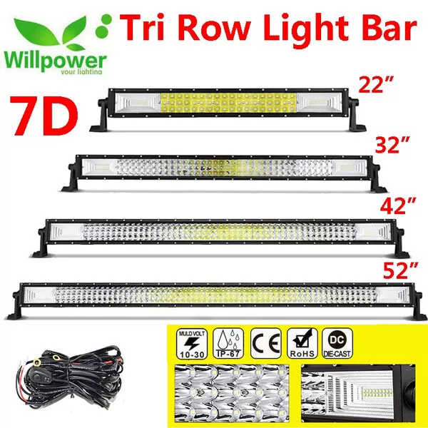 52" Willpower Tri Row 7D LED Light Bar Flood Spot w/Wiring Harness Cable Kit