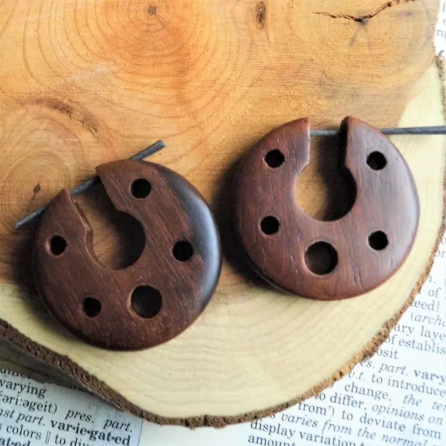 WOOD HOOPS EARRINGS SMALL ROUND Womens HOLED Brown Eco Organic Wooden HANDMADE