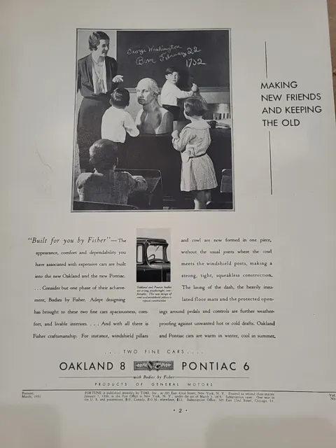 1931 General Motors Oakland 8 Pontiac 6 Fortune Magazine Print Ad Fisher GM Auto