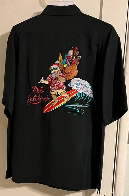 Lrg NWT Go Barefoot Mele Kalikimaka Christmas Surfin Santa Embroidered Shirt