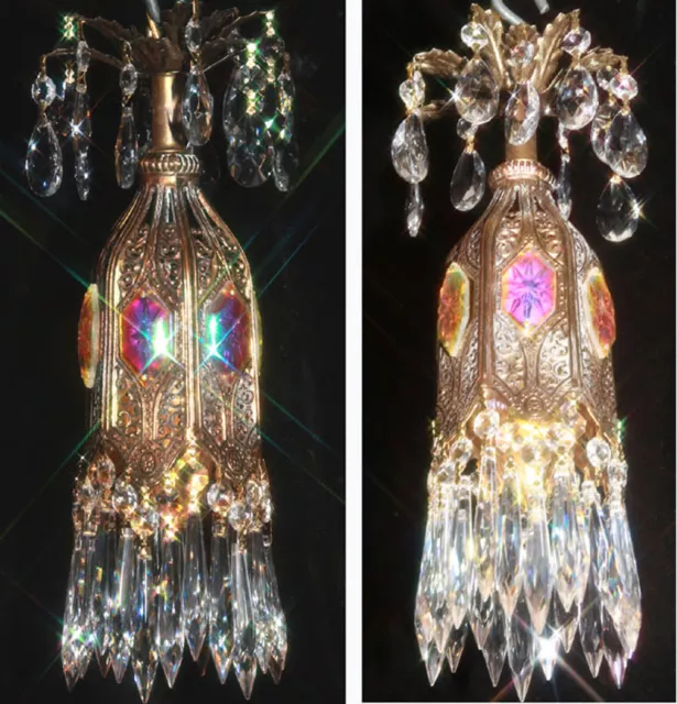 1 jeweled Tulip lily filigree SWAG hanging Crystal lamp chandelier Vintage brass