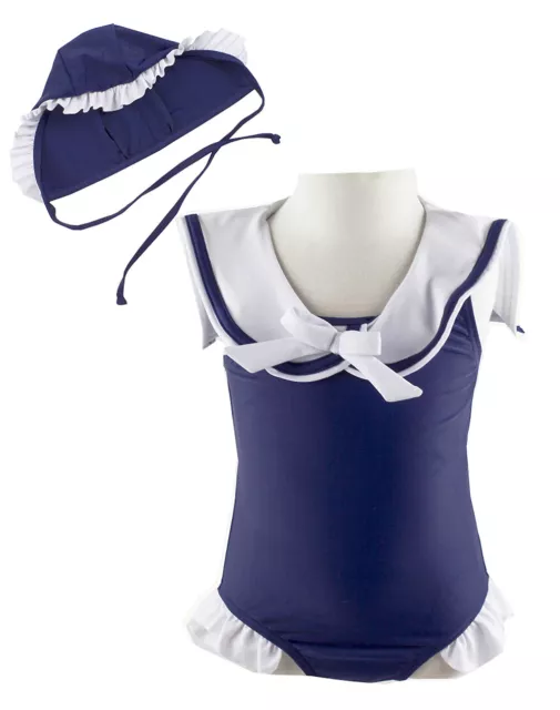 StylesILove Little Girl Navy Sailor Ruffle Swimsuit & Hat 2pcs Swim Set, 3T-7